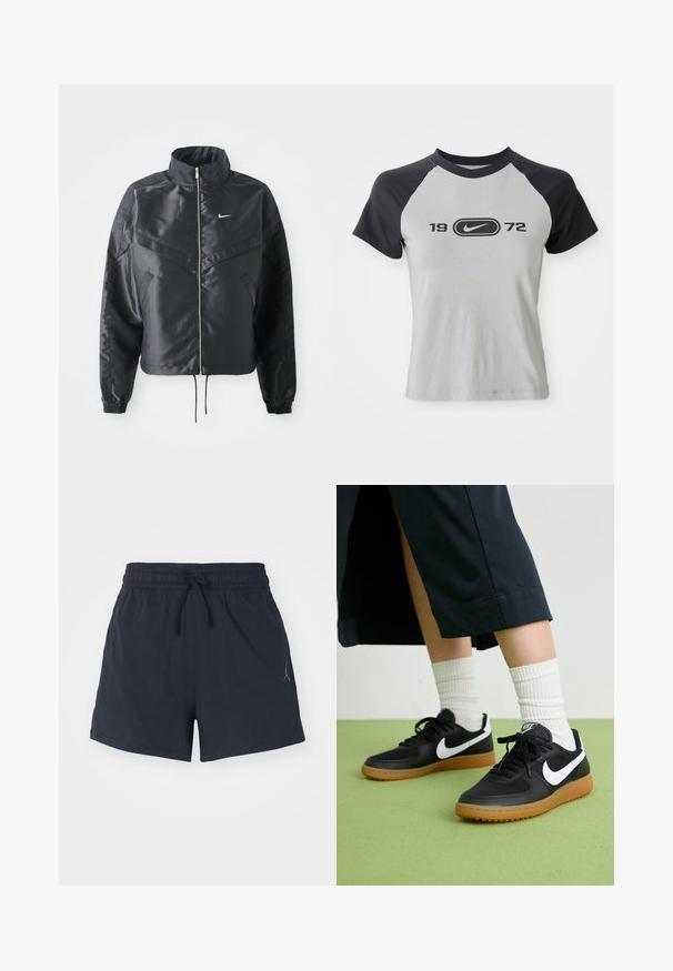 Chaqueta negra corta con cuello alto, cierre de cremallera, puños de elastano y un logo de Nike en blanco. Tejido suave y brillante con una superficie ligeramente texturizada.; Camiseta de manga corta en gris y negro, con un escote redondo, que presenta un logo central y el texto "1972" en negro en la parte delantera.; Pantalones cortos deportivos de color navy, hechos de tela que absorbe la humedad, con una cinturilla elástica con cordón y un pequeño logo.; Zapatillas de cuero negro y sintético con el swoosh blanco de Nike, suela de goma, punta redonda y cordones negros. Calcetines blancos acanalados visibles.