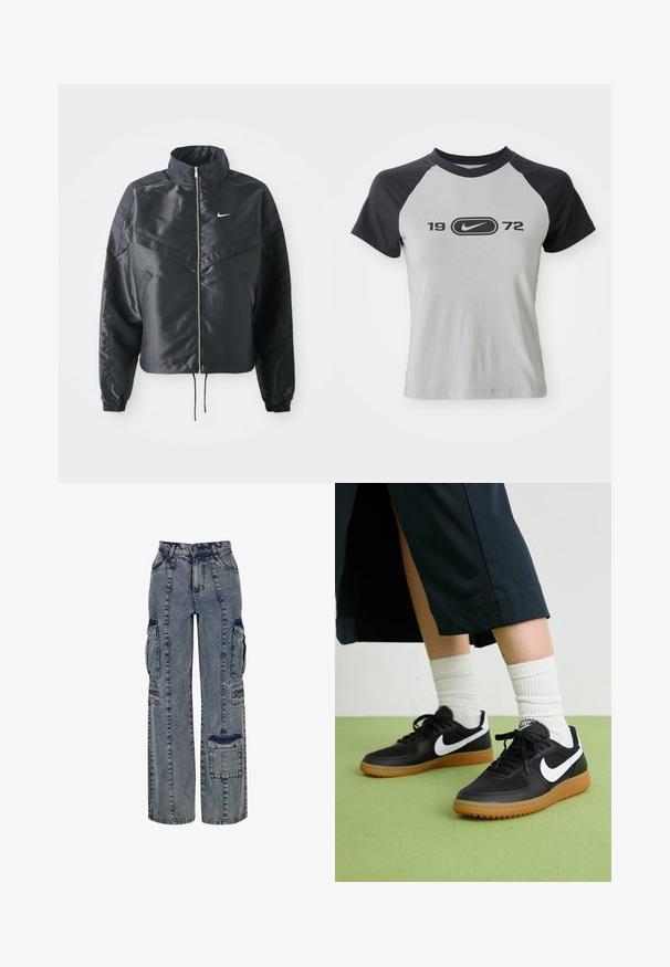 Jachetă croppată neagră cu guler înalt, închidere cu fermoar, manșete din elastan și un logo alb Nike. Material neted, lucios, cu o suprafață ușor texturată.; Tricou scurt cu mânecă, gri și negru, cu un decolteu rotund, având un logo central și textul "1972" în negru pe față.; Pantaloni cargo din denim de culoare bleu deschis. Au picioare largi, mai multe buzunare laterale și accente de denim închis contrastante. Structura este evidențiată prin cusături vizibile.; Sneakers negre din piele și material sintetic cu logo-ul alb Nike, talpă din cauciuc, vârful rotund și șireturi negre. Șosete albe cu nervuri vizibile.