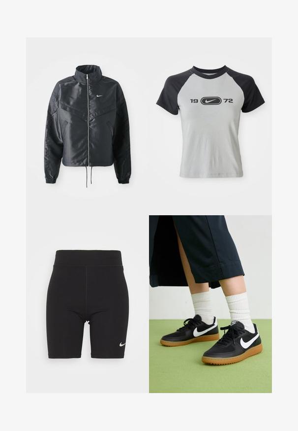 Melna apgriezta jaka ar augstu apkakli, rāvējslēdzēja aizdari, elastīna aprocēm un baltu Nike logo. Gluda, spīdīga auduma ar nedaudz teksturētu virsmu.; Pelēks un melns īsu piedurkņu T-krekls ar apaļu kakla izgriezumu, priekšpusē ar centrālu logo un melnu tekstu "1972".; Melni velosipēdu šorti no elastīga auduma, ar augstu jostasvietu un redzamu šuvi. Iekļauts neliels sudraba Nike logotips uz kājas.; Melna āda un sintētiska materiāla sporta apavi ar baltu Nike logo, gumijas zole, apaļa purngala forma un melni šņores. Redzamas ribotas baltas zeķes.