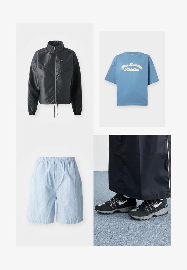 Casaco preto curto com colarinho alto, fecho de zip, punhos em elastano e um logótipo Nike branco. Tecido suave e brilhante com uma superfície ligeiramente texturizada.; T-shirt de algodão azul com um corte solto, com mangas curtas e decote redondo. Logótipo branco "New Balance Athletics" impresso ao centro.; Calções azul claro feitos de tecido com riscas verticais. Cintura elástica e bainhas dobradas, apresentando um estilo simples e descontraído.; Tênis atléticos pretos com um cabedal texturizado, detalhes prateados e um solado estampado, combinados com uma peça longa preta. Ambientado sobre um tapete azul.