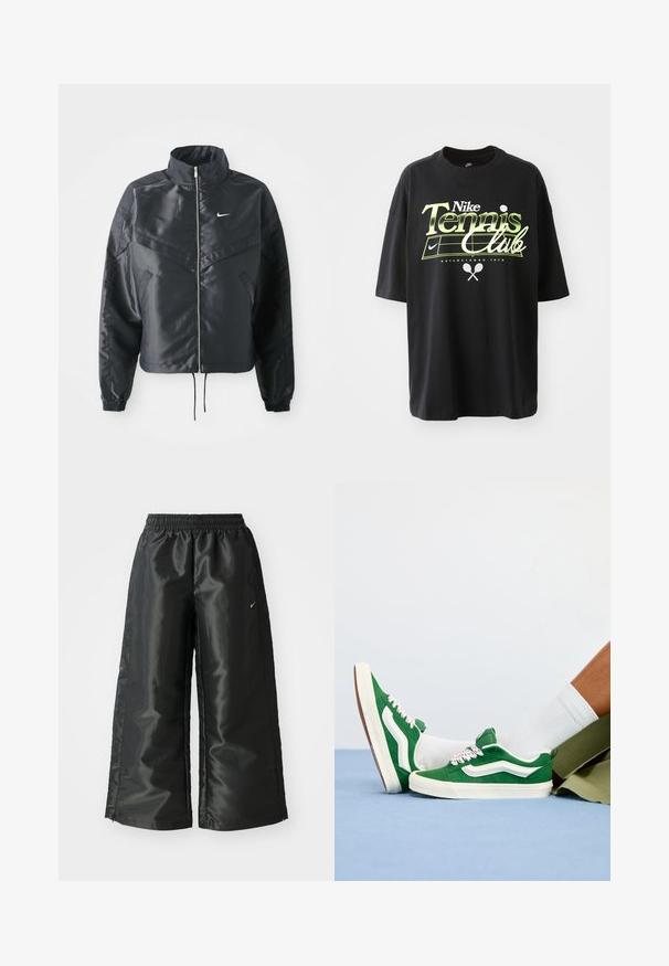 Melna apgriezta jaka ar augstu apkakli, rāvējslēdzēja aizdari, elastīna aprocēm un baltu Nike logo. Gluda, spīdīga auduma ar nedaudz teksturētu virsmu.; Melna kokvilnas T-krekls ar īsām piedurknēm, izceļoties ar zaļo un baltās "Nike Tennis Club" grafiku, tenisa bumbu un raketi attēliem.; Melnas sporta bikses ar spīdīgu, gludu audumu, aprīkotas ar elastīgu jostu, platām kājām un mazu logotipu kreisajā pusē.; Zaļi zamšādas sporta apavi ar baltiem akcentiem, teksturētiem šņorēm ar rozā detaļām un brūnu gumijas zoli, valkāti ar baltiem zeķēm un zaļām šortiem.