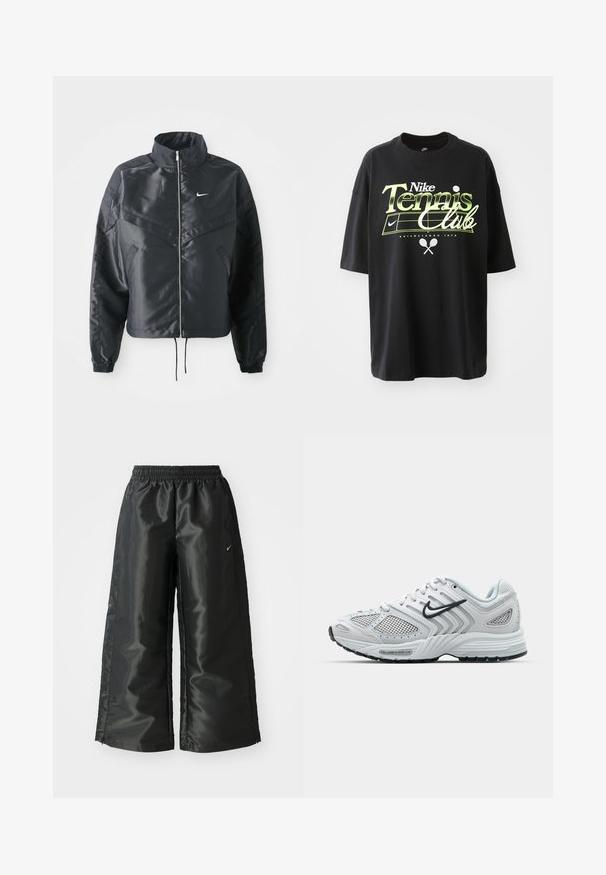 Black cropped jacket with high collar, zip closure, elastane cuffs, and a white Nike logo. Smooth, shiny fabric with a slightly textured surface.; Black cotton t-shirt with short sleeves, featuring green and white "Nike Tennis Club" graphic, tennis ball, and racket illustrations.; Black athletic pants with a shiny, smooth fabric, featuring an elastic waistband, wide legs, and a small logo on the left side.; White athletic shoe with mesh panels, textured overlays, and a black Nike swoosh. Features padded collar and rubber outsole for grip.