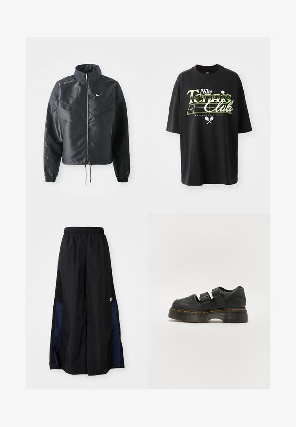 Svart cropped jakke med høy krage, glidelåsåpning, elastiske mansjetter og en hvit Nike-logo. Glatt, shiny stoff med en lett teksturert overflate.; Svart bomull T-skjorte med korte ermer, med grønn og hvit "Nike Tennis Club" grafikk, illustrasjoner av tennisball og racket.; Svarte vide bukser laget av lett stoff, med et marineblått sidestykke og elastisk midjebånd. Liten hvit logo nederst.; Sorte lærsko med to justerbare spenner, hevet teksturert såle og synlig oransje søm langs midtsålen.