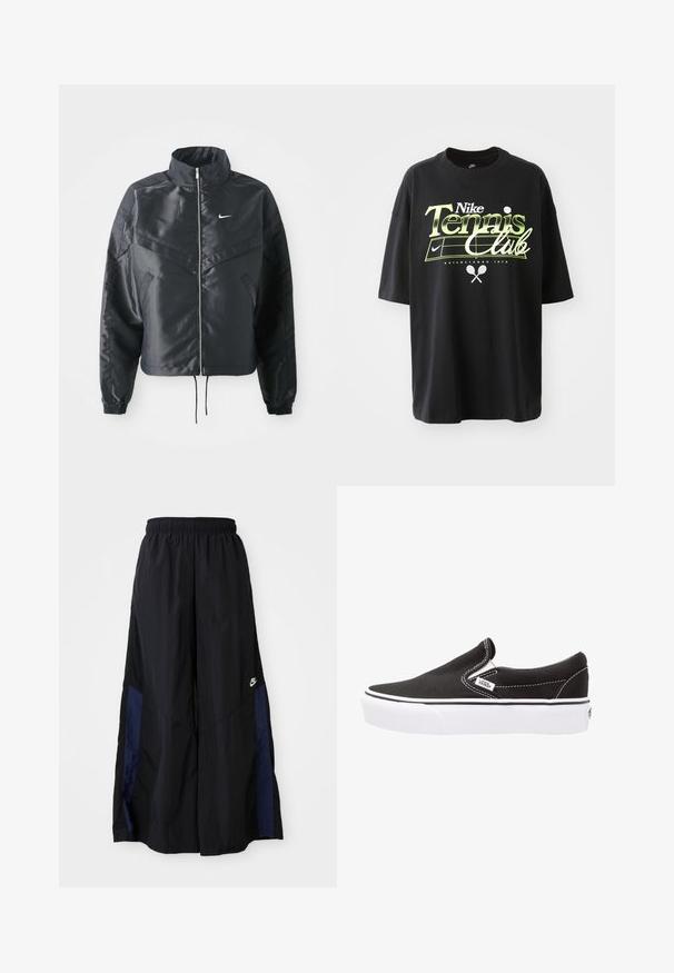 Giacca nera cropped con colletto alto, chiusura a zip, polsini in elastan e logo Nike bianco. Tessuto liscio e lucido con una superficie leggermente texturizzata.; T-shirt in cotone nero con maniche corte, caratterizzato da una grafica "Nike Tennis Club" verde e bianca, illustrazioni di palline da tennis e racchette.; Pantaloni neri a gamba larga realizzati in tessuto leggero, con un pannello laterale blu navy e una cintura elastica. Piccolo logo bianco sul fondo.; Scarpa slip-on in tela nera con suola in gomma bianca, cuciture bianche a contrasto e patch con logo sul lato. Texture liscia e design semplice.