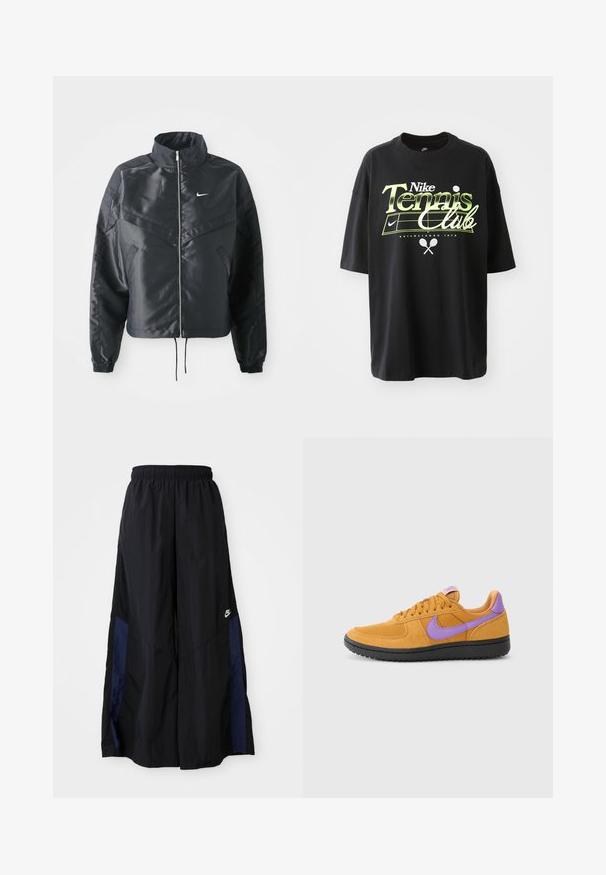Must kolledžiga must lühike jope, millel on lukuga sulgus, elastne mansett ja valge Nike logo. Sile, läikiv kangas, millel on veidi tekstureeritud pind.; Mustast puuvillane t-särk lühikeste varrukatega, millel on roheline ja valge "Nike Tennis Club" graafika, tennisepall ja reketi illustreerimine.; Mustad laiad mustad püksid kergest kangast, millel on tumesinine külgpaneel ja elastne vöökoht. Väike valge logo allservas.; Oranžid nahk-sneakerid lilla aktsentidega, millel on nööridega sulgemine, ümar varvas ja tekstuuriga must kummitald.