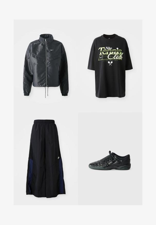 Czarna krótka kurtka z wysokim kołnierzem, zamek błyskawiczny, ściągacze z elastanu i białe logo Nike. Gładki, błyszczący materiał o lekko teksturowanej powierzchni.; Czarny bawełniany t-shirt z krótkim rękawem, z zieloną i białą grafiką "Nike Tennis Club", przedstawiającą ilustracje piłki tenisowej i rakiety.; Czarne spodnie szerokie wykonane z lekkiego materiału, z granatowym bocznym panelem i elastycznym paskiem w talii. Małe białe logo na dole.; Czarne skórzane buty sportowe z pikowanym wzorem, okrągłym noskiem, sznurowanym przodem i gumową podeszwą. Posiada dyskretne logo z boku.