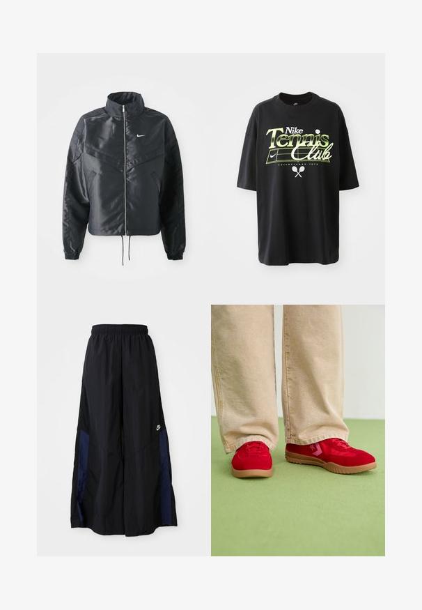 Mustat lyhyet takit, joissa on korkea kaulus, vetoketjukiinnitys, elastaanista valmistetut hihan suut ja valkoinen Nike-logo. Sileä, kiiltävä kangas, jossa on hieman tekstuuria.; Musta puuvillapaitaa, jossa on lyhyet hihat, ja jossa on vihreä ja valkoinen "Nike Tennis Club" -graafikko, tennispallon ja mailan kuvitukset.; Musta leveälahkeinen housu, joka on valmistettu kevyestä kankaasta. Housuissa on tummansininen sivupaneeli ja joustava vyötärö. Alhaalla on pieni valkoinen logo.; Punaiset mokka tennarit, joissa on litteä kumipohja ja vaaleanpunaiset yksityiskohdat, yhdistettynä beigeihin leveälahkeisiin housuihin vihreällä lattialla.