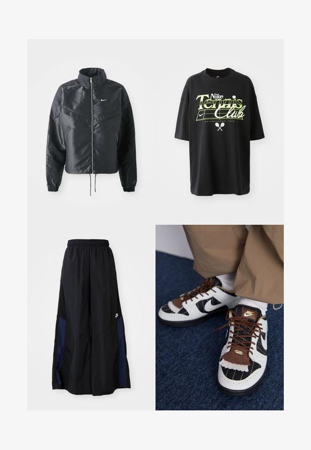 Black cropped jacket with high collar, zip closure, elastane cuffs, and a white Nike logo. Smooth, shiny fabric with a slightly textured surface.; Black cotton t-shirt with short sleeves, featuring green and white "Nike Tennis Club" graphic, tennis ball, and racket illustrations.; Black wide-leg pants made of lightweight fabric, featuring a navy blue side panel and an elastic waistband. Small white logo on bottom.; Nike sneakers with white, black, and brown materials. Features a textured brown flap, striped design, and traditional lacing with gold accents.