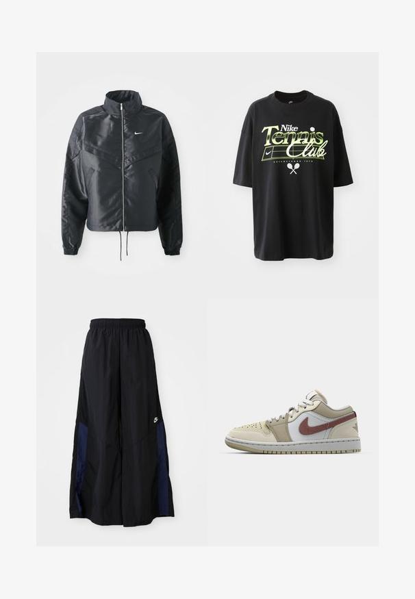 Black cropped jacket with high collar, zip closure, elastane cuffs, and a white Nike logo. Smooth, shiny fabric with a slightly textured surface.; Black cotton t-shirt with short sleeves, featuring green and white "Nike Tennis Club" graphic, tennis ball, and racket illustrations.; Black wide-leg pants made of lightweight fabric, featuring a navy blue side panel and an elastic waistband. Small white logo on bottom.; Beige leather sneaker with white and light tan accents, featuring a maroon Nike swoosh, perforated toe, and white laces.