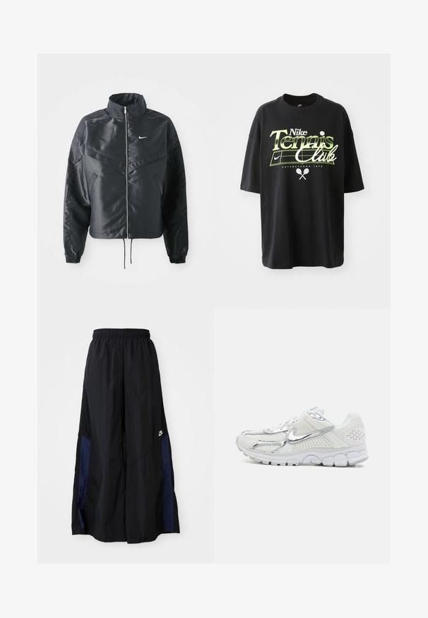 Black cropped jacket with high collar, zip closure, elastane cuffs, and a white Nike logo. Smooth, shiny fabric with a slightly textured surface.; Black cotton t-shirt with short sleeves, featuring green and white "Nike Tennis Club" graphic, tennis ball, and racket illustrations.; Black wide-leg pants made of lightweight fabric, featuring a navy blue side panel and an elastic waistband. Small white logo on bottom.; White athletic shoes with silver accents, mesh upper, textured sides, cushioned sole, and a distinctive pattern on the back.