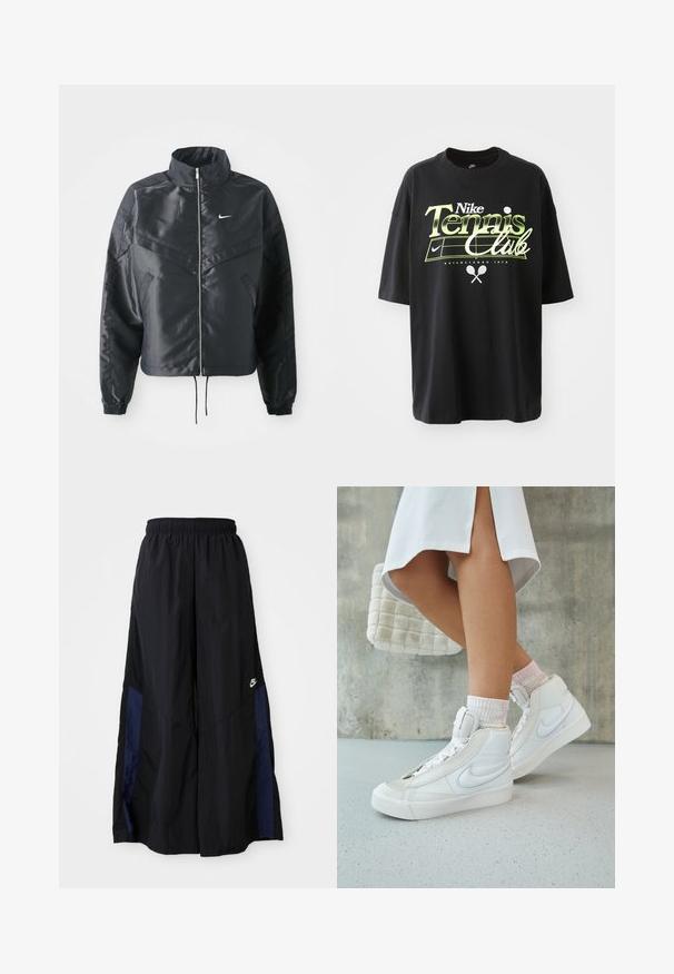 Svart cropped jakke med høy krage, glidelåsåpning, elastiske mansjetter og en hvit Nike-logo. Glatt, shiny stoff med en lett teksturert overflate.; Svart bomull T-skjorte med korte ermer, med grønn og hvit "Nike Tennis Club" grafikk, illustrasjoner av tennisball og racket.; Svarte vide bukser laget av lett stoff, med et marineblått sidestykke og elastisk midjebånd. Liten hvit logo nederst.; Hvite høye sneakers i glatt skinn og gummisåle, aksentert med en lys grå Nike-logo, sammen med pastellrosa ribbestrikkede sokker.