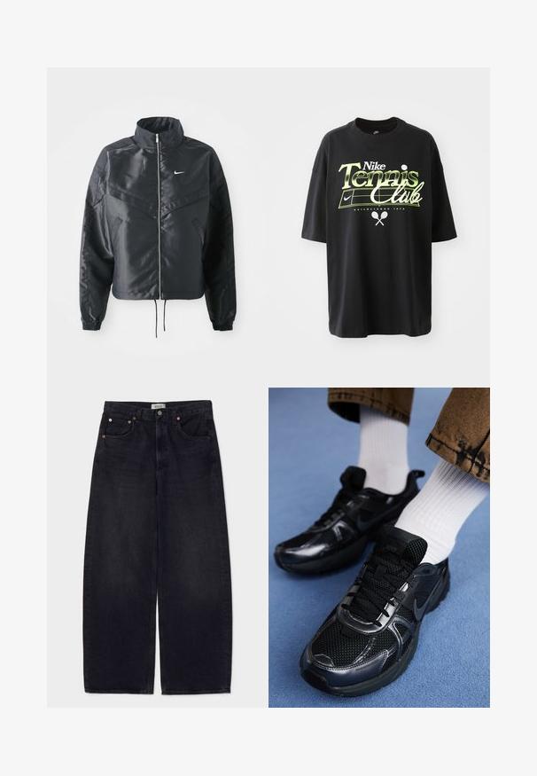 Chaqueta negra corta con cuello alto, cierre de cremallera, puños de elastano y un logo de Nike en blanco. Tejido suave y brillante con una superficie ligeramente texturizada.; Camiseta de algodón negra con mangas cortas, que presenta un gráfico en verde y blanco del "Nike Tennis Club", ilustraciones de una pelota de tenis y una raqueta.; Jeans de mezclilla negros de pierna ancha con botones de cobre, dos bolsillos frontales y una textura suave. Diseño limpio con corte recto.; Zapatos deportivos Nike de color negro con parte superior de malla y acentos brillantes, cordones negros y suela texturizada. Combinados con calcetines blancos de canalé.