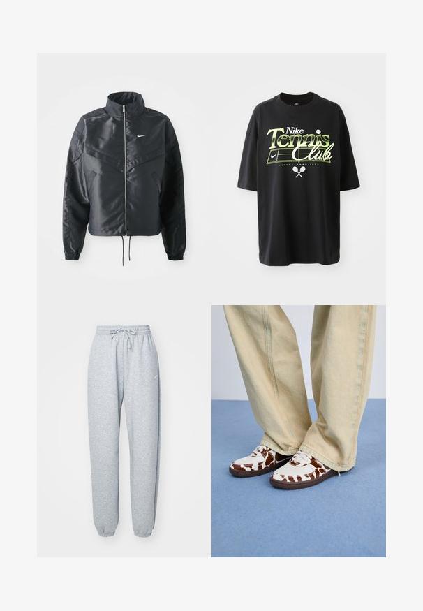 Svart cropped jakke med høy krage, glidelåsåpning, elastiske mansjetter og en hvit Nike-logo. Glatt, shiny stoff med en lett teksturert overflate.; Svart bomull T-skjorte med korte ermer, med grønn og hvit "Nike Tennis Club" grafikk, illustrasjoner av tennisball og racket.; Lys grå joggebukser laget av myk bomullsblanding, med elastisk liv med snor, avsmalnende ben og ribbede mansjetter. Minimal merkevaredetalj.; Hvite og brune mønstrede joggesko med mesh og lær, med brune gummislipper. Kombinert med lyse beige vide bukser.