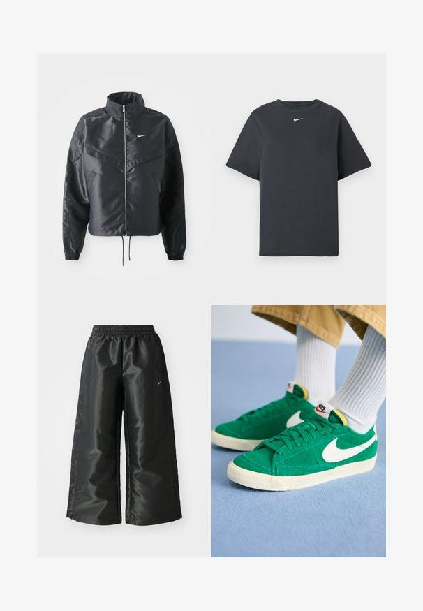 Μαύρο cropped μπουφάν με ψηλό γιακά, κλείσιμο με φερμουάρ, μανσέτες από ελαστάνη και λευκό λογότυπο Nike. Λείο, γυαλιστερό ύφασμα με ελαφρώς υφή.; Μαύρη βαμβακερή μπλούζα t-shirt με στρογγυλή λαιμόκοψη και κοντά μανίκια. Διαθέτει ένα μικρό λευκό λογότυπο Nike στο στήθος. Ευθεία γραμμή και casual σχεδίαση.; Μαύρο αθλητικό παντελόνι με γυαλιστερό, λείο ύφασμα, διαθέτει ελαστική μέση, φαρδιά πόδια και ένα μικρό λογότυπο στην αριστερή πλευρά.; Πράσινα σουέτ αθλητικά παπούτσια με λευκό λογότυπο Nike, καουτσούκ σόλες και επένδυση στον αστράγαλο. Σατέν επάνω μέρος με επίπεδα κορδόνια και ζωντανές χρωματικές λεπτομέρειες.