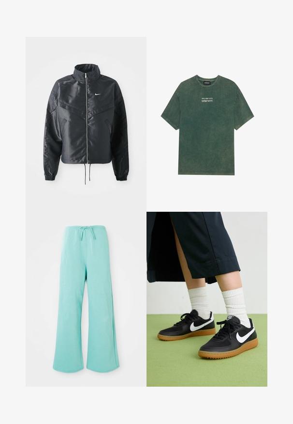 Sort cropped jakke med høj krave, lynlås lukning, elastiske manchetter og et hvidt Nike-logo. Glat, blankt stof med en let struktureret overflade.; Grøn bomulds T-shirt med rund hals og korte ærmer. Har et falmet tryk med teksten "DIVE DEEP INTO SERENITY" i hvid. Blød tekstur.; Lyseblå vide sweatpants med elastisk talje og front snor, vist på en ensfarvet hvid baggrund.; Sorte læder- og syntetiske sneakers med hvid Nike swoosh, gummisål, rund tå og sorte snørebånd. Ribbede hvide sokker synlige.