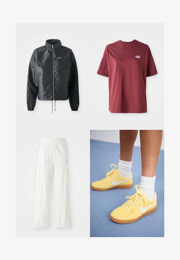 Casaco preto curto com colarinho alto, fecho de zip, punhos em elastano e um logótipo Nike branco. Tecido suave e brilhante com uma superfície ligeiramente texturizada.; T-shirt de algodão cor bordô com decote redondo, mangas curtas e um pequeno logótipo branco na área esquerda do peito. Textura suave, corte descontraído.; Calças cargo brancas com um design de perna larga, apresentando uma cintura elástica e bolsos laterais. Tecido texturizado com um acabamento suave.; Sapatilhas de camurça amarelas com o swoosh branco da Nike e sola de borracha colorida, apresentando atacadores, textura suave e usadas com meias brancas até ao tornozelo.