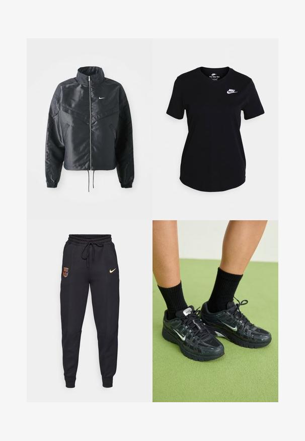 Melna apgriezta jaka ar augstu apkakli, rāvējslēdzēja aizdari, elastīna aprocēm un baltu Nike logo. Gluda, spīdīga auduma ar nedaudz teksturētu virsmu.; Melnas kokvilnas T-krekls ar īsām piedurknēm, ar baltu Nike logo uz krūtīm, apaļu kakla izgriezumu un taisnu apakšmalu.; Melnas sporta bikses, izgatavotas no kokvilnas un sintētisko šķiedru sajaukuma, ar elastīgu jostu un auklu, sānu kabatām un izšūtām zīmēm zeltainā krāsā.; Melni Nike sporta apavi ar tīkla un sintētiskām pārklājumiem, ar atstarotājiem, mīkstu zoli un melnām ribotām zeķēm.