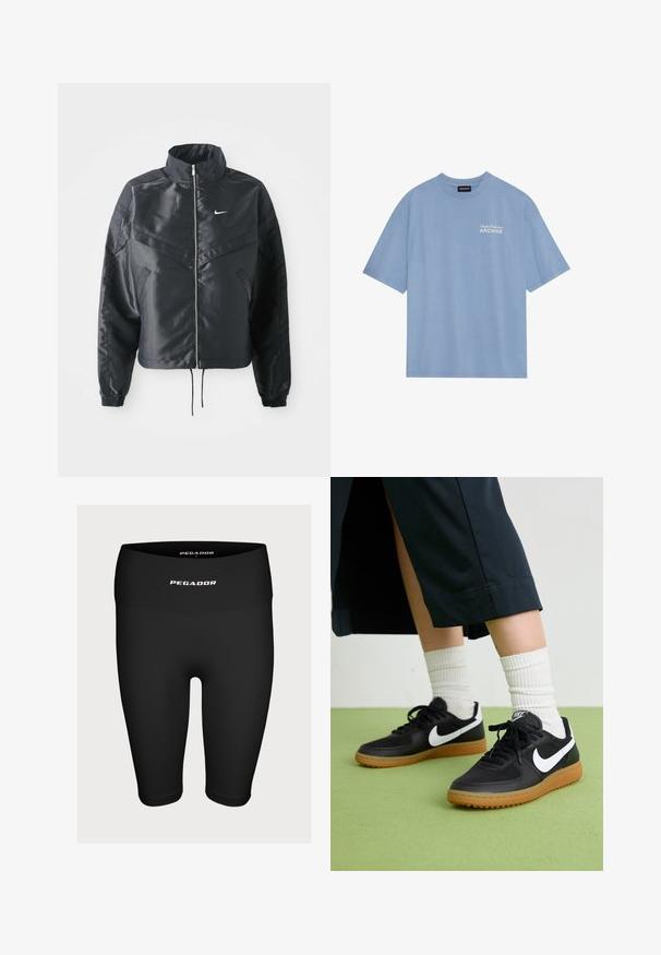 Fekete, rövidített dzseki magas gallérral, cipzáras záródással, elasztikus mandzsettákkal, és fehér Nike logóval. Simább, fényes anyag, enyhén textúrázott felülettel.; Kék pamut póló kerek nyakkivágással és rövid ujjakkal. Bal mellen fehér felirattal: "Studio Collection ARCHIVE".; Fekete sportnadrág rugalmas anyagból, magas derékkal, elöl fehér "PEGADOR" logóval.; Fekete bőr és szintetikus sneakers, fehér Nike logo-val, gumi talppal, kerek orral és fekete fűzővel. Csíkos fehér zokni látható.