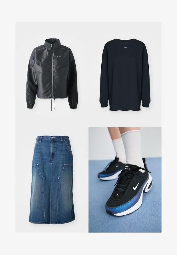 Jachetă croppată neagră cu guler înalt, închidere cu fermoar, manșete din elastan și un logo alb Nike. Material neted, lucios, cu o suprafață ușor texturată.; Tricou negru cu mânecă lungă din bumbac, cu guler rotund. Prezintă un logo alb Nike pe piept. Textură moale, design simplu.; Fustă din denim albastru cu croială dreaptă, buzunare frontale și talie cu închidere prin nasture, având o textură decolorată și detalii de cusătură.; Adidași negri Nike cu un material superior neted, având un design în gradient de la albastru la negru, talpă albă și accente logo proeminente.