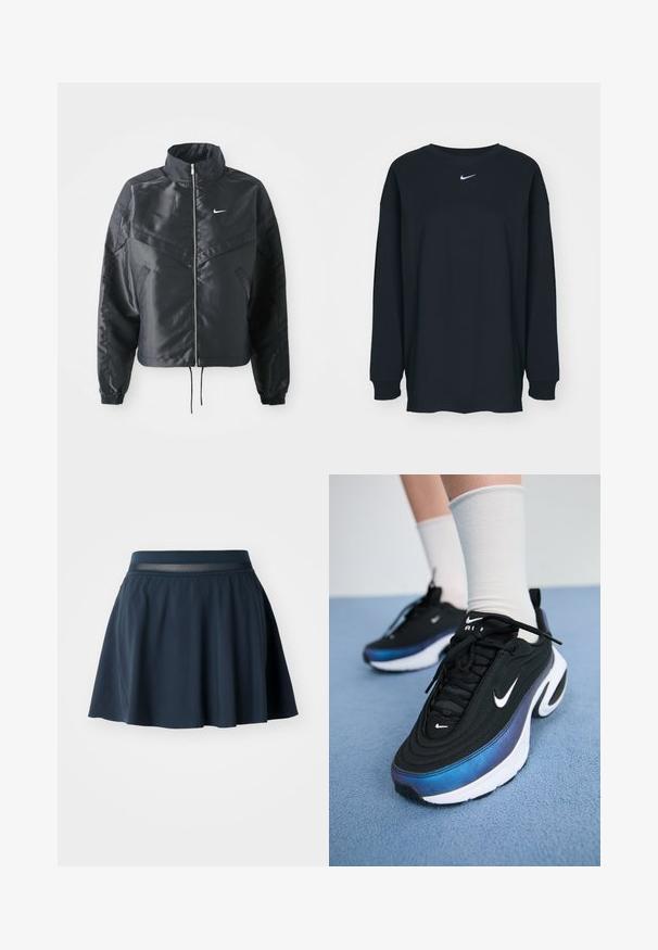 Mustat lyhyet takit, joissa on korkea kaulus, vetoketjukiinnitys, elastaanista valmistetut hihan suut ja valkoinen Nike-logo. Sileä, kiiltävä kangas, jossa on hieman tekstuuria.; Mustapaita, jossa on pitkät hihat ja pyöreä kaula-aukko, valmistettu puuvillasta. Rinnassa valkoinen Nike-logo. Pehmeä rakenne, yksinkertainen muotoilu.; Hame raido tumman sininen, valmistettu pehmeästä kankaasta. Siinä on verkkokiristysvyötärö, liehuva siluetti ja sileä pinta, jonka helma ulottuu polven yläpuolelle.; Mustat Nike-tennarit, joissa on sileä kangaspinta, gradientti sinisestä mustaan -design, valkoinen pohja ja erottuvat logokatkaisijat.