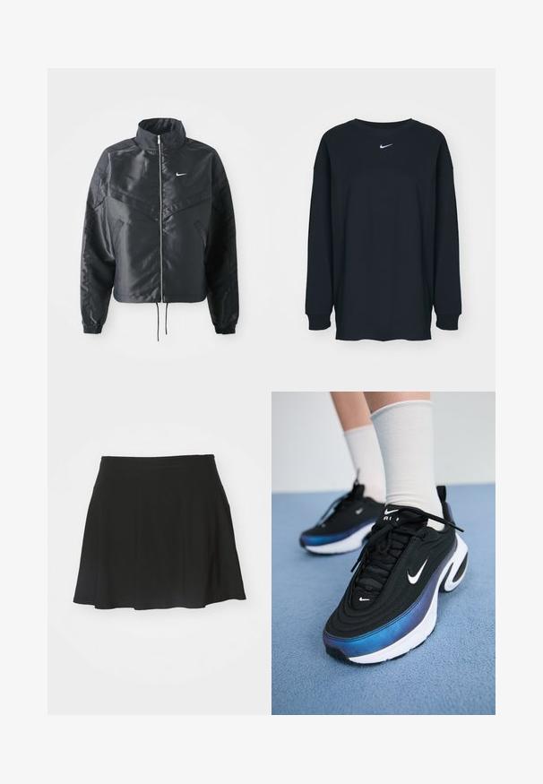 Juoda trumpa striukė su aukštu coloru, užtrauktuku, elastaniniu rankogaliu ir balta Nike logotipu. Lygus, blizgus audinys su šiek tiek tekstūruotu paviršiumi.; Juodas ilgam rankovėms marškinėlis, pagamintas iš medvilnės, su apvalia iškirpte. Krūtinėje yra baltas Nike logotipas. Minkšta tekstūra, paprastas dizainas.; Juodas čiuožinėjimo sijonas, pagamintas iš minkštos medžiagos, su platėjančiu dizainu, plačiu juosmeniu ir lygia tekstūra, be matomų raštų ar detalių.; Juodi Nike sportbačiai su glotna audinio viršutine dalimi, turintys gradientinį mėlynos ir juodos spalvos dizainą, baltą pado dalį ir akcentuotus logotipus.