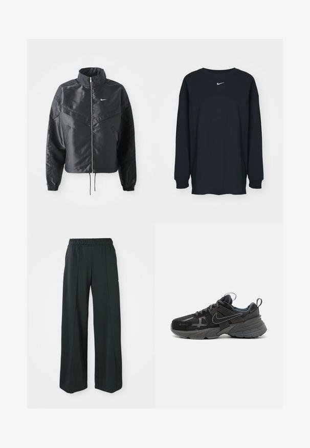Melna apgriezta jaka ar augstu apkakli, rāvējslēdzēja aizdari, elastīna aprocēm un baltu Nike logo. Gluda, spīdīga auduma ar nedaudz teksturētu virsmu.; Melnas garajām piedurknēm T-krekls no kokvilnas ar apaļu kakla izgriezumu. Uz krūtīm ir balts Nike logo. Mīksta tekstūra, vienkāršs dizains.; Melnas, platajās sporta bikses ar elastīgu jostu. Izgatavotas no gludas, elastīgas auduma, ar viegli pamanāmiem priekšējiem šuvēm un bez kabatām.; Melni un pelēki sporta apavi ar jauktu materiālu augšdaļu, slāņainu dizainu, mīkstinātu zoli un vilkšanas cilpu uz papēža.
