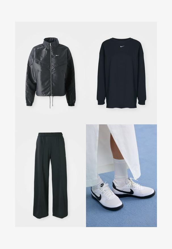 Fekete, rövidített dzseki magas gallérral, cipzáras záródással, elasztikus mandzsettákkal, és fehér Nike logóval. Simább, fényes anyag, enyhén textúrázott felülettel.; Fekete, hosszú ujjú pamut póló kerek nyakkivágással. Fehér Nike logó található a mellrészen. Puha tapintás, egyszerű design.; Fekete, bővülő szárú sportnadrág rugalmas derékkal. Simaság és rugalmasság jellemzi, finom elülső varrásokkal és zsebek nélkül.; Fehér Nike sportcipők fekete kiegészítőkkel, sima bőrből készült felsőrésszel, fehér cipőfűzőkkel és strapabíró gumitalppal, fehér bordás zoknival párosítva.