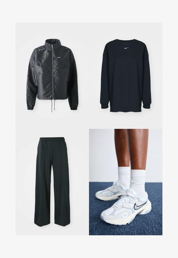 Casaco preto curto com colarinho alto, fecho de zip, punhos em elastano e um logótipo Nike branco. Tecido suave e brilhante com uma superfície ligeiramente texturizada.; Camisola preta de mangas longas feita de algodão com decote redondo. Apresenta um logótipo branco da Nike no peito. Textura suave, design simples.; Calças atléticas largas e pretas com um cós elástico. Feitas de um tecido liso e elástico, com costuras frontais discretas e sem bolsos.; Nike Sportswear AL8 - Sapatilhas - white/metallic silver/black/sail/wolf grey/photon dust