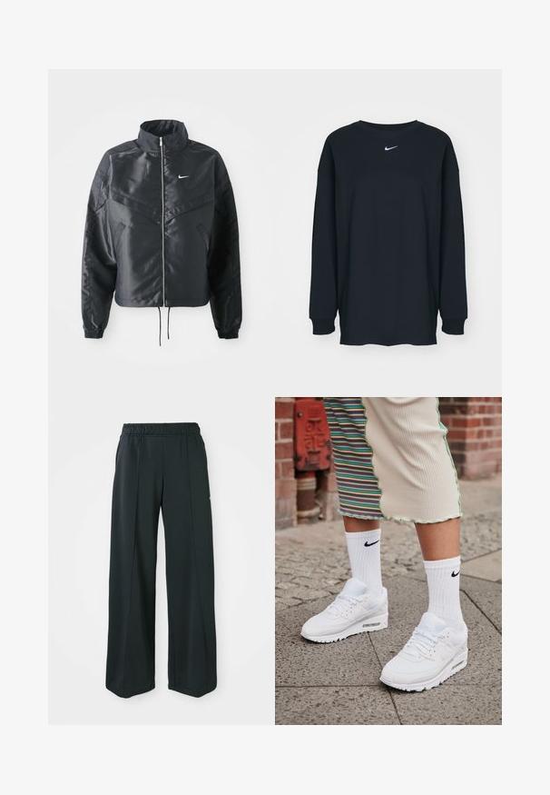 Fekete, rövidített dzseki magas gallérral, cipzáras záródással, elasztikus mandzsettákkal, és fehér Nike logóval. Simább, fényes anyag, enyhén textúrázott felülettel.; Fekete, hosszú ujjú pamut póló kerek nyakkivágással. Fehér Nike logó található a mellrészen. Puha tapintás, egyszerű design.; Fekete, bővülő szárú sportnadrág rugalmas derékkal. Simaság és rugalmasság jellemzi, finom elülső varrásokkal és zsebek nélkül.; Fehér Nike Air Max 90 sneaker, amely hálós és bőr felsőrésszel rendelkezik, látható levegőegységgel, párosítva fehér bordázott zoknikkal, fekete logóval.