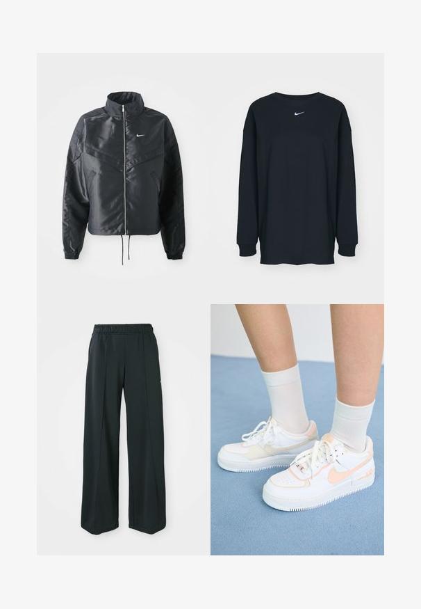 Svart cropped jakke med høy krage, glidelåsåpning, elastiske mansjetter og en hvit Nike-logo. Glatt, shiny stoff med en lett teksturert overflate.; Svart langermet T-skjorte laget av bomull med rund hals. Har en hvit Nike-logo på brystet. Myk tekstur, enkelt design.; Sorte, vide treningsbukser med elastisk midje. Laget av glatt, elastisk stoff, med subtile front sømmar og utan lommer.; Hvite sneakers med ferskenfarge detaljer, glatt skinnoverdel, perforert tå, teksturert såle og snøring. Brukt med hvite ankelsokker på en blå overflate.