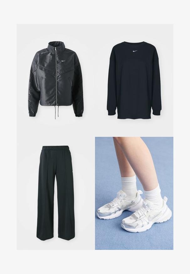Casaco preto curto com colarinho alto, fecho de zip, punhos em elastano e um logótipo Nike branco. Tecido suave e brilhante com uma superfície ligeiramente texturizada.; Camisola preta de mangas longas feita de algodão com decote redondo. Apresenta um logótipo branco da Nike no peito. Textura suave, design simples.; Calças atléticas largas e pretas com um cós elástico. Feitas de um tecido liso e elástico, com costuras frontais discretas e sem bolsos.; Ténis atléticos brancos com sobreposições de malha e sintético, apresentando um swoosh prateado da Nike, e combinados com meias brancas caneladas sobre uma superfície azul.
