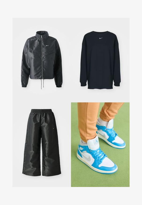 Must kolledžiga must lühike jope, millel on lukuga sulgus, elastne mansett ja valge Nike logo. Sile, läikiv kangas, millel on veidi tekstureeritud pind.; Must have pikkade varrukatega must T-särk, mis on valmistatud puuvillast ja millel on ümar kaelus. Rinnal on valge Nike logo. Pehme tekstuur, lihtne disain.; Mustad mustad sportsipüksid läikiva, siledaga kangaga, pa elastse vöökoha, laia sääre ja väikese logoga vasakul küljel.; Sinine ja valge kõrge säärega tossud, millel on siledast nahast ja võrgumaterjalist pealmine osa. Omab perforatsioonidega varbakasti, erksiniseid aktsente ja logodetaile.