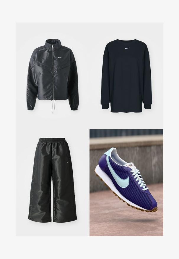 Casaco preto curto com colarinho alto, fecho de zip, punhos em elastano e um logótipo Nike branco. Tecido suave e brilhante com uma superfície ligeiramente texturizada.; Camisola preta de mangas longas feita de algodão com decote redondo. Apresenta um logótipo branco da Nike no peito. Textura suave, design simples.; Calças atléticas pretas com um tecido brilhante e suave, apresentando uma cintura elástica, pernas largas e um pequeno logotipo do lado esquerdo.; Sapatilhas Nike roxas com swoosh azul claro, cós brancos e sola de borracha, mostradas a flutuar acima de uma superfície de concreto ao ar livre.