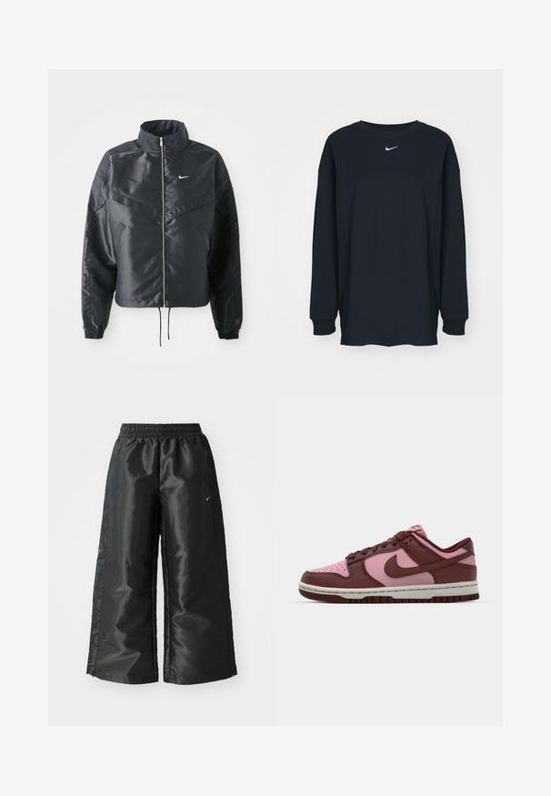 Fekete, rövidített dzseki magas gallérral, cipzáras záródással, elasztikus mandzsettákkal, és fehér Nike logóval. Simább, fényes anyag, enyhén textúrázott felülettel.; Fekete, hosszú ujjú pamut póló kerek nyakkivágással. Fehér Nike logó található a mellrészen. Puha tapintás, egyszerű design.; Fekete sportnadrág fényes, sima anyagból, rugalmas derékkal, széles lábakkal és egy kis logóval a bal oldalon.; Nike Dunk cipők, rózsaszín és barna bőr dizájnnal, alacsony top formával, texturált talppal és passzoló fűzőkkel.