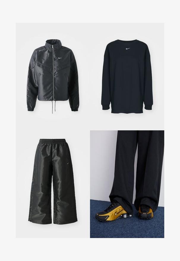 Fekete, rövidített dzseki magas gallérral, cipzáras záródással, elasztikus mandzsettákkal, és fehér Nike logóval. Simább, fényes anyag, enyhén textúrázott felülettel.; Fekete, hosszú ujjú pamut póló kerek nyakkivágással. Fehér Nike logó található a mellrészen. Puha tapintás, egyszerű design.; Fekete sportnadrág fényes, sima anyagból, rugalmas derékkal, széles lábakkal és egy kis logóval a bal oldalon.; Nike Sportswear SHOX R4 - Sportcipő - black/metallic gold/metallic silver