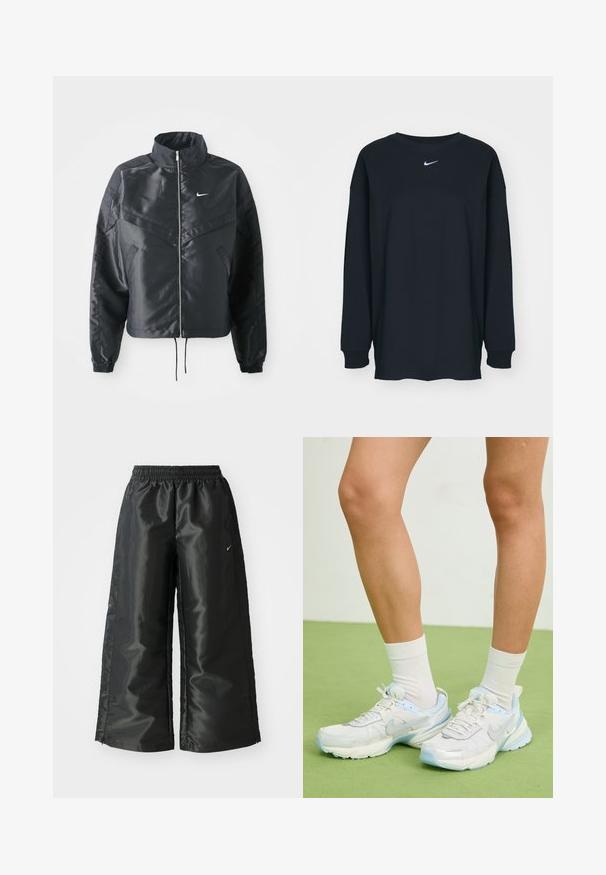 Fekete, rövidített dzseki magas gallérral, cipzáras záródással, elasztikus mandzsettákkal, és fehér Nike logóval. Simább, fényes anyag, enyhén textúrázott felülettel.; Fekete, hosszú ujjú pamut póló kerek nyakkivágással. Fehér Nike logó található a mellrészen. Puha tapintás, egyszerű design.; Fekete sportnadrág fényes, sima anyagból, rugalmas derékkal, széles lábakkal és egy kis logóval a bal oldalon.; Fehér és világoskék sportcipők, hálós és szintetikus anyagból, texturált kiegészítőkkel, lekerekített formával és párnázott talppal.