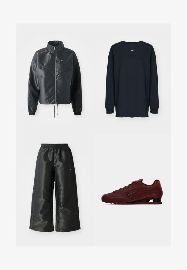 Svart cropped jakke med høy krage, glidelåsåpning, elastiske mansjetter og en hvit Nike-logo. Glatt, shiny stoff med en lett teksturert overflate.; Svart langermet T-skjorte laget av bomull med rund hals. Har en hvit Nike-logo på brystet. Myk tekstur, enkelt design.; Svarte treningsbukser med en blank, glatt stoff, som har et elastisk liv, vide ben og en liten logo på venstre side.; Burgunderfargede Nike-sneakers med svarte såleakkenter, snørebånd og swoosh-logo, vist i sideprofil mot hvit bakgrunn.