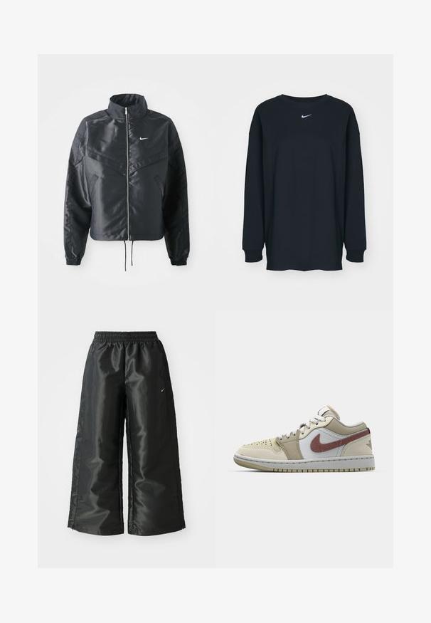 Černá zkrácená bunda s vysokým límcem, zipovým zapínáním, elastickými manžetami a bílým logem Nike. Hladká, lesklá látka s mírně strukturovaným povrchem.; Černé tričko s dlouhým rukávem vyrobené z bavlny s kulatým výstřihem. Na hrudi se nachází bílé logo Nike. Měkká textura, jednoduchý design.; Černé sportovní kalhoty z lesklé, hladké látky, s elastickým páskem, širokými nohavicemi a malým logem na levé straně.; Béžové kožené tenisky s bílými a světle hnědými akcenty, s vínově červeným logem Nike, perforovanou špičkou a bílými tkaničkami.