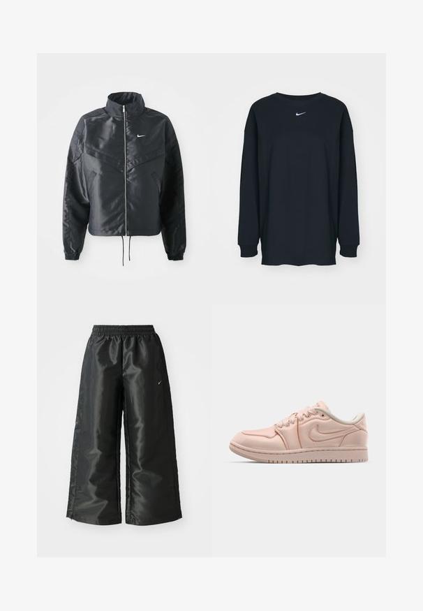 Casaco preto curto com colarinho alto, fecho de zip, punhos em elastano e um logótipo Nike branco. Tecido suave e brilhante com uma superfície ligeiramente texturizada.; Camisola preta de mangas longas feita de algodão com decote redondo. Apresenta um logótipo branco da Nike no peito. Textura suave, design simples.; Calças atléticas pretas com um tecido brilhante e suave, apresentando uma cintura elástica, pernas largas e um pequeno logotipo do lado esquerdo.; Ténis Nike em material rosa suave com uma textura lisa. Design clássico de cano baixo, apresentando detalhes brancos e um padrão de sola de borracha.