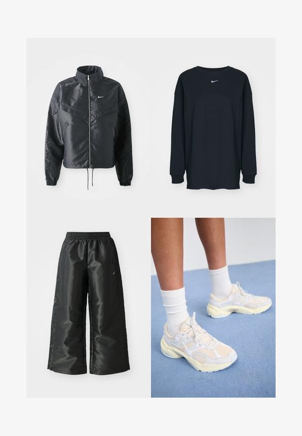 Svart cropped jakke med høy krage, glidelåsåpning, elastiske mansjetter og en hvit Nike-logo. Glatt, shiny stoff med en lett teksturert overflate.; Svart langermet T-skjorte laget av bomull med rund hals. Har en hvit Nike-logo på brystet. Myk tekstur, enkelt design.; Svarte treningsbukser med en blank, glatt stoff, som har et elastisk liv, vide ben og en liten logo på venstre side.; Smarte, atletiske sko i lys gul og hvit, med mesh- og syntetiske materialer, en avrundet form og teksturerte såler.