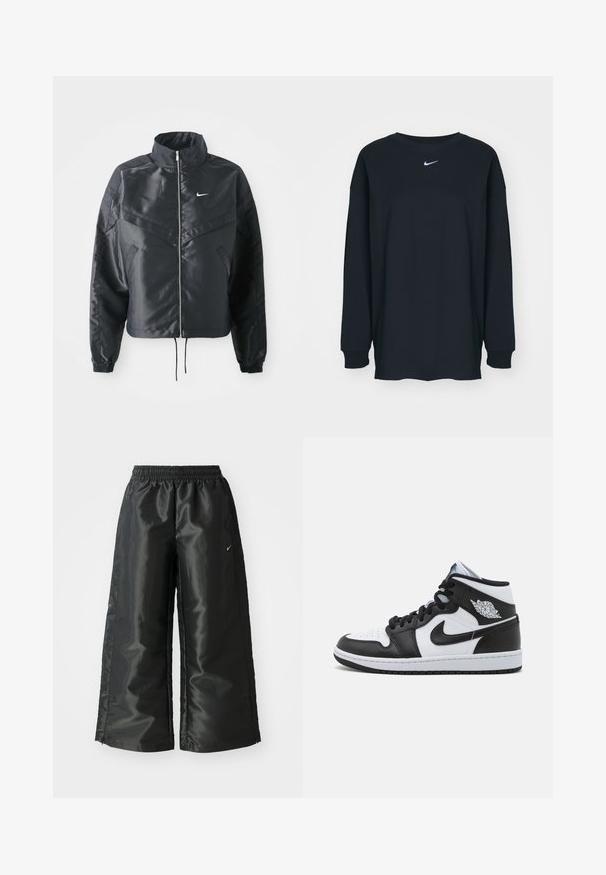 Čierna skrátená bunda s vysokým golierom, zipsovým uzatváraním, elastickými manžetami a bielym logom Nike. Hladká, lesklá tkanina s mierne textúrovaným povrchom.; Čierne tričko s dlhým rukávom z bavlny, s okrúhlym výstrihom. Na hrudi sa nachádza biele logo Nike. Jemná textúra, jednoduchý dizajn.; Čierne športové nohavice s lesklým, hladkým materiálom, ktoré majú elastický pás, široké nohavice a malé logo na ľavej strane.; Vysoké basketbalové topánky v čiernej a bielej koži, s perforáciami na prstových častiach, s logom Nike swoosh a krídlovým logom na členku.