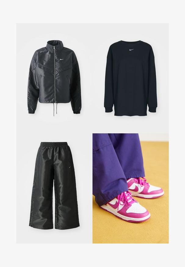 Casaco preto curto com colarinho alto, fecho de zip, punhos em elastano e um logótipo Nike branco. Tecido suave e brilhante com uma superfície ligeiramente texturizada.; Camisola preta de mangas longas feita de algodão com decote redondo. Apresenta um logótipo branco da Nike no peito. Textura suave, design simples.; Calças atléticas pretas com um tecido brilhante e suave, apresentando uma cintura elástica, pernas largas e um pequeno logotipo do lado esquerdo.; Sapatilhas Nike Dunk com um cabedal em pele branca e detalhes em pele rosa. As características incluem bico redondo, perfurações e atacadores planos rosa.