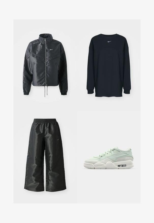 Svart kort jacka med hög krage, dragkedja, ärmslut i elastan och en vit Nike-logotyp. Slät, glänsande tyg med en något strukturerad yta.; Svart långärmad T-shirt i bomull med rundad halsringning. Har en vit Nike-logotyp på bröstet. Mjuk textur, enkelt design.; Svarta träningsbyxor i ett glänsande, slätt tyg, med en elastisk midja, vida ben och en liten logotyp på vänster sida.; Ljusgrön sneaker med en blandning av slät läder och mocka, utrustad med en vadderad krage, snören och synlig luftkuddning i sulan.