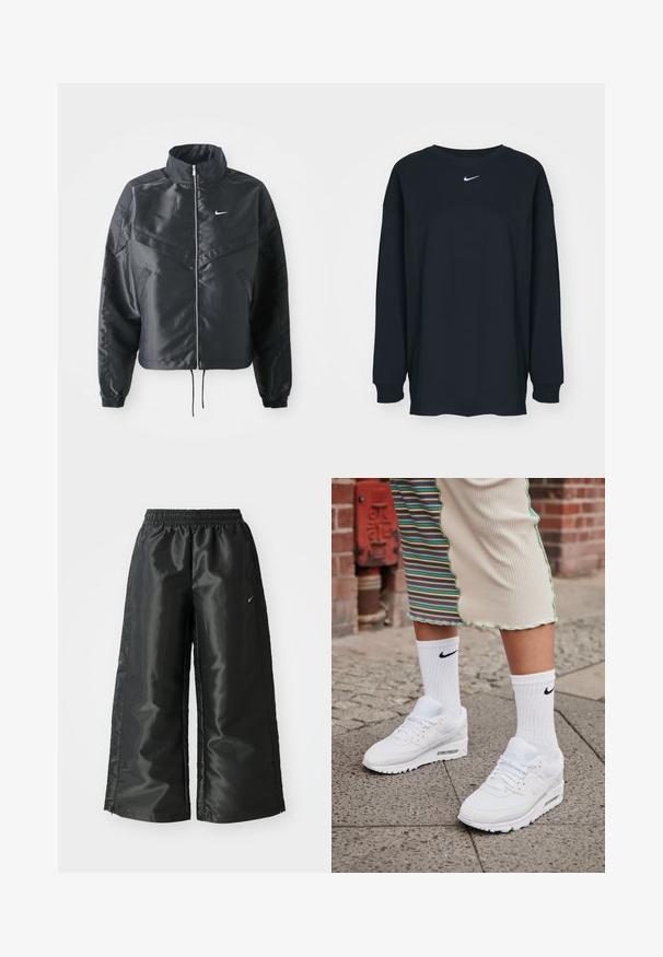 Black cropped jacket with high collar, zip closure, elastane cuffs, and a white Nike logo. Smooth, shiny fabric with a slightly textured surface.; Black long-sleeve T-shirt made of cotton with a crew neckline. Features a white Nike logo on the chest. Soft texture, simple design.; Black athletic pants with a shiny, smooth fabric, featuring an elastic waistband, wide legs, and a small logo on the left side.; White Nike Air Max 90 sneakers with mesh and leather upper, featuring a visible air unit, paired with white ribbed socks with black logo.