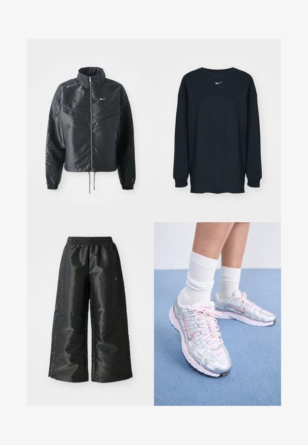 Svart cropped jakke med høy krage, glidelåsåpning, elastiske mansjetter og en hvit Nike-logo. Glatt, shiny stoff med en lett teksturert overflate.; Svart langermet T-skjorte laget av bomull med rund hals. Har en hvit Nike-logo på brystet. Myk tekstur, enkelt design.; Svarte treningsbukser med en blank, glatt stoff, som har et elastisk liv, vide ben og en liten logo på venstre side.; Nike løpesko med en sølvfarget mesh-overdel og rosa aksenter, hvite snørebånd og en teksturert såle. Brukt med hvite bomullstrømper for trening.