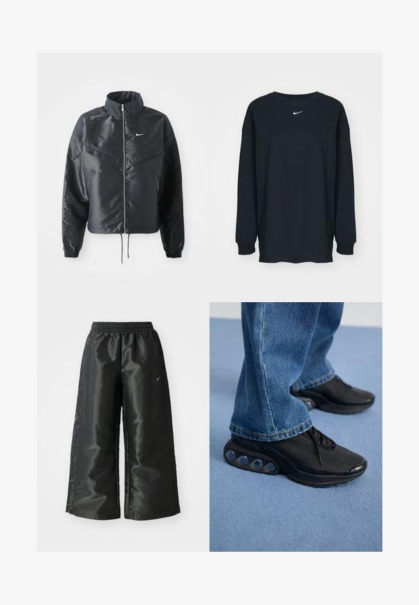 Fekete, rövidített dzseki magas gallérral, cipzáras záródással, elasztikus mandzsettákkal, és fehér Nike logóval. Simább, fényes anyag, enyhén textúrázott felülettel.; Fekete, hosszú ujjú pamut póló kerek nyakkivágással. Fehér Nike logó található a mellrészen. Puha tapintás, egyszerű design.; Fekete sportnadrág fényes, sima anyagból, rugalmas derékkal, széles lábakkal és egy kis logóval a bal oldalon.; Fekete sportcipők hálós felsőrésszel, textúrázott részletekkel és a talpban látható lég párnázó zsebekkel. Kék farmernadrággal viselve.