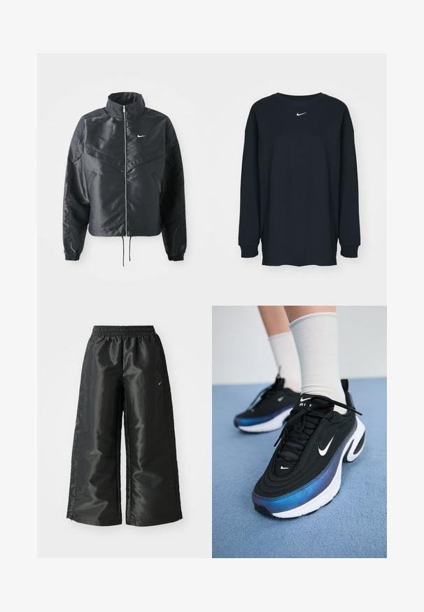 Black cropped jacket with high collar, zip closure, elastane cuffs, and a white Nike logo. Smooth, shiny fabric with a slightly textured surface.; Black long-sleeve T-shirt made of cotton with a crew neckline. Features a white Nike logo on the chest. Soft texture, simple design.; Black athletic pants with a shiny, smooth fabric, featuring an elastic waistband, wide legs, and a small logo on the left side.; Black Nike sneakers with a smooth fabric upper, featuring a gradient blue-to-black design, white sole, and prominent logo accents.