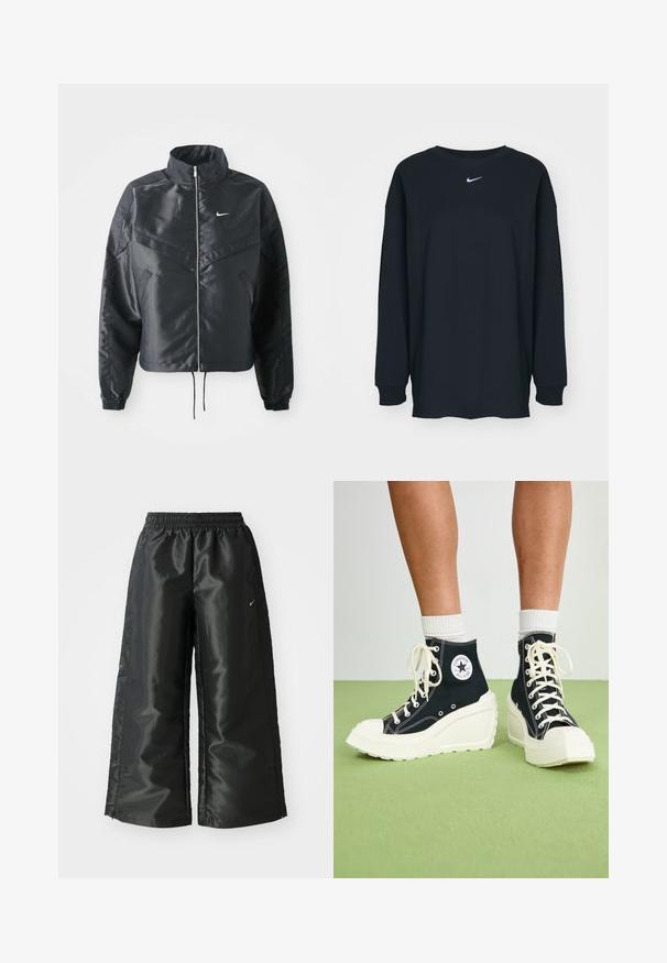 Casaco preto curto com colarinho alto, fecho de zip, punhos em elastano e um logótipo Nike branco. Tecido suave e brilhante com uma superfície ligeiramente texturizada.; Camisola preta de mangas longas feita de algodão com decote redondo. Apresenta um logótipo branco da Nike no peito. Textura suave, design simples.; Calças atléticas pretas com um tecido brilhante e suave, apresentando uma cintura elástica, pernas largas e um pequeno logotipo do lado esquerdo.; Ténis pretos de cano alto com uma sola plataforma branca elevada, apresentando atacadores brancos e um remendo redondo com logo de um lado. Material de lona texturizada.