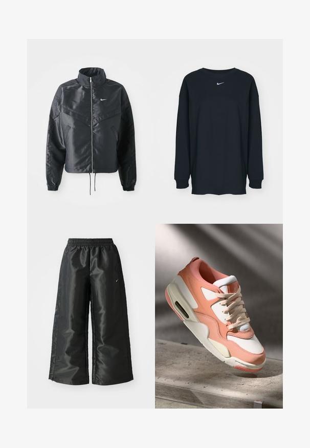 Casaco preto curto com colarinho alto, fecho de zip, punhos em elastano e um logótipo Nike branco. Tecido suave e brilhante com uma superfície ligeiramente texturizada.; Camisola preta de mangas longas feita de algodão com decote redondo. Apresenta um logótipo branco da Nike no peito. Textura suave, design simples.; Calças atléticas pretas com um tecido brilhante e suave, apresentando uma cintura elástica, pernas largas e um pequeno logotipo do lado esquerdo.; Sapatilha com parte superior em rosa suave e branco, painéis de camurça texturizada, colarinho acolchoado e uma unidade de ar visível no calcanhar. Sola em cor creme.