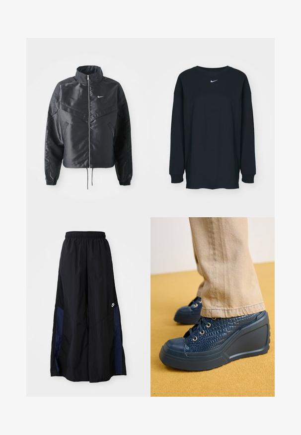 Must kolledžiga must lühike jope, millel on lukuga sulgus, elastne mansett ja valge Nike logo. Sile, läikiv kangas, millel on veidi tekstureeritud pind.; Must have pikkade varrukatega must T-särk, mis on valmistatud puuvillast ja millel on ümar kaelus. Rinnal on valge Nike logo. Pehme tekstuur, lihtne disain.; Mustad laiad mustad püksid kergest kangast, millel on tumesinine külgpaneel ja elastne vöökoht. Väike valge logo allservas.; Merevaigud, millel on tekstuuriga krokodillimuster, kuldsed augud ja kummist varbakiht, koos beežide kangapükstega.